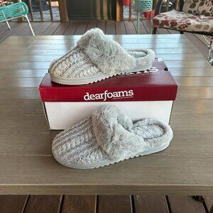Women Dearfoam Slippers Slip-On Gray Cable Knit Fur Closed Toe Scuff Sz XL 11-12